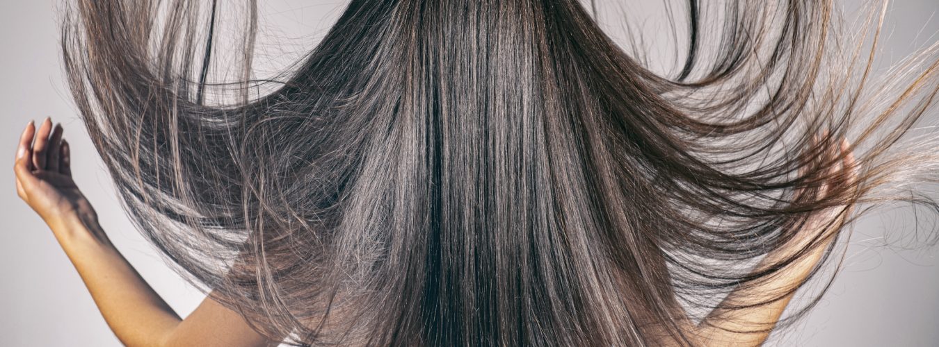 Back view of a brunette woman with a long straight hair. Young   model with  beautiful hair - isolated on white background. Young girl with hair flying in the wind.